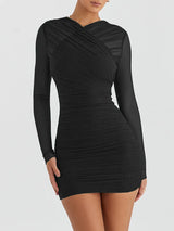 Two Layer Mesh Zipper Sheer Skinny Mini Dress - Rown