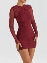 Two Layer Mesh Zipper Sheer Skinny Mini Dress - Rown