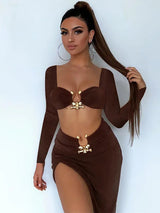 Two Piece Set Women Crop Top Dress Set - Rown