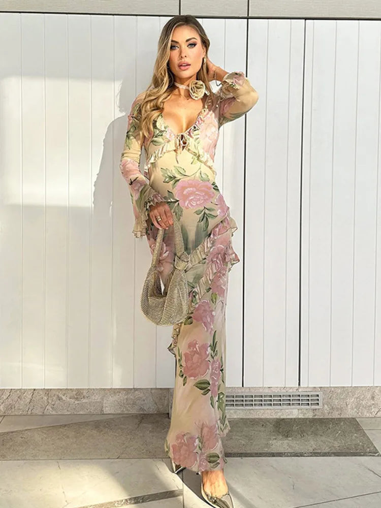 V Neck Floral Print Long Sleeve Ruffles Maxi Dress Rown