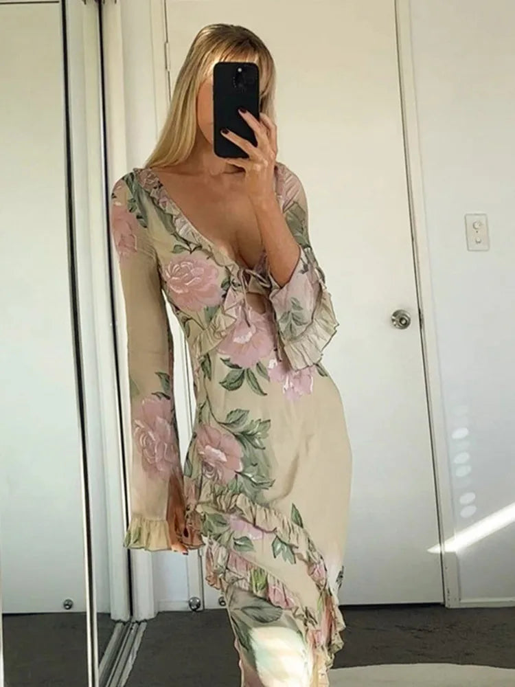 V Neck Floral Print Long Sleeve Ruffles Maxi Dress Rown