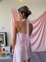 V Neck Halter Backless Lace-up Sleeveless Mini Dress Rown