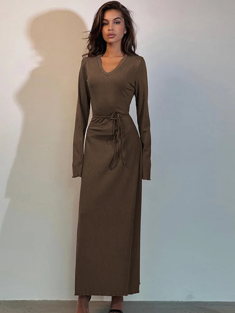 V Neck Lace-up Long Sleeve Ribbed Bodycon Maxi Dress Rown