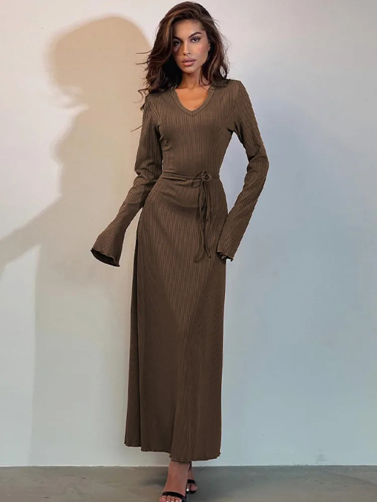 V Neck Lace-up Long Sleeve Ribbed Bodycon Maxi Dress Rown