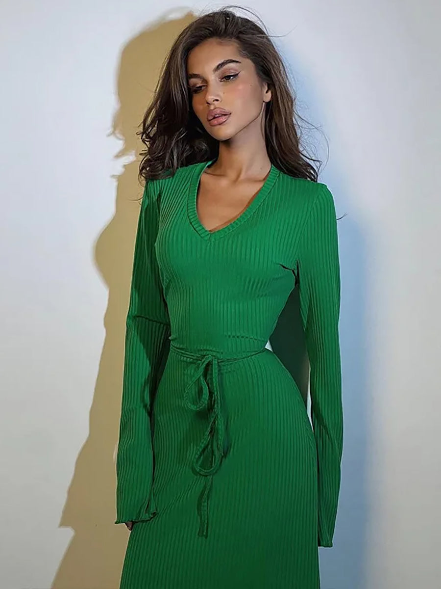 V Neck Lace-up Long Sleeve Ribbed Bodycon Maxi Dress Rown