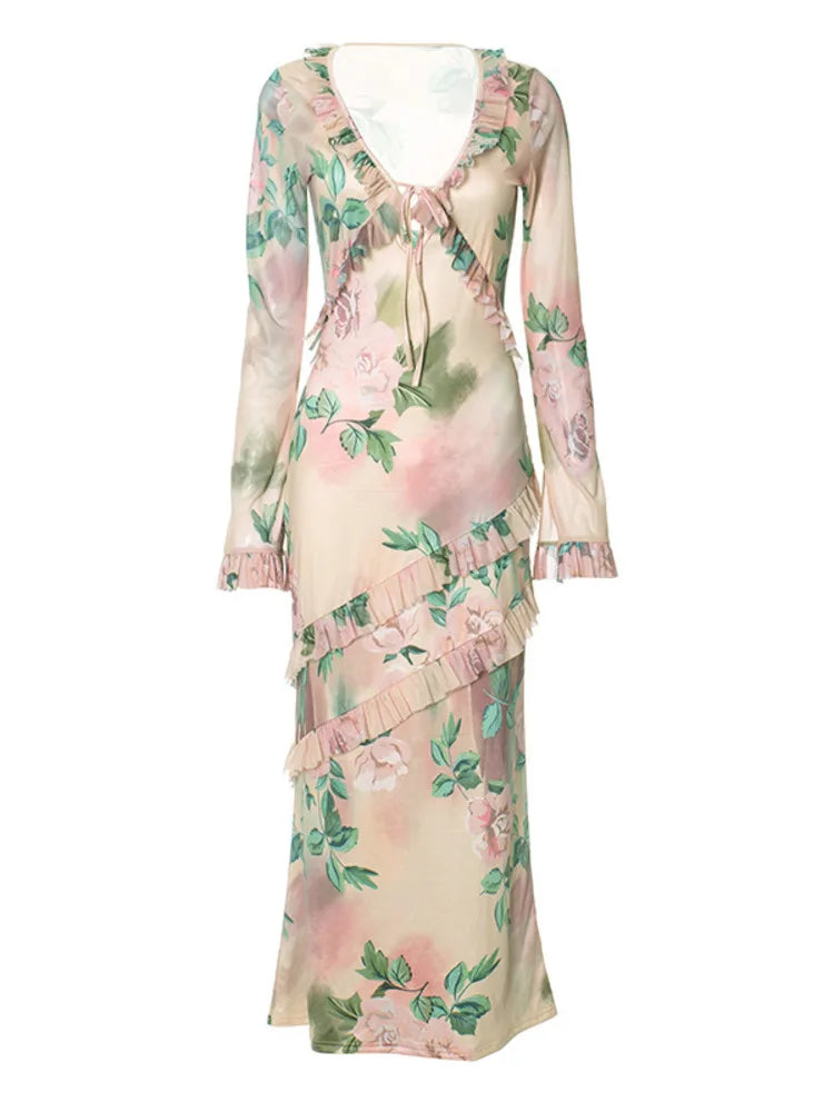 V Neck Floral Print Long Sleeve Ruffles Maxi Dress - Rown