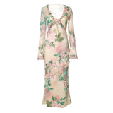 V Neck Floral Print Long Sleeve Ruffles Maxi Dress - Rown