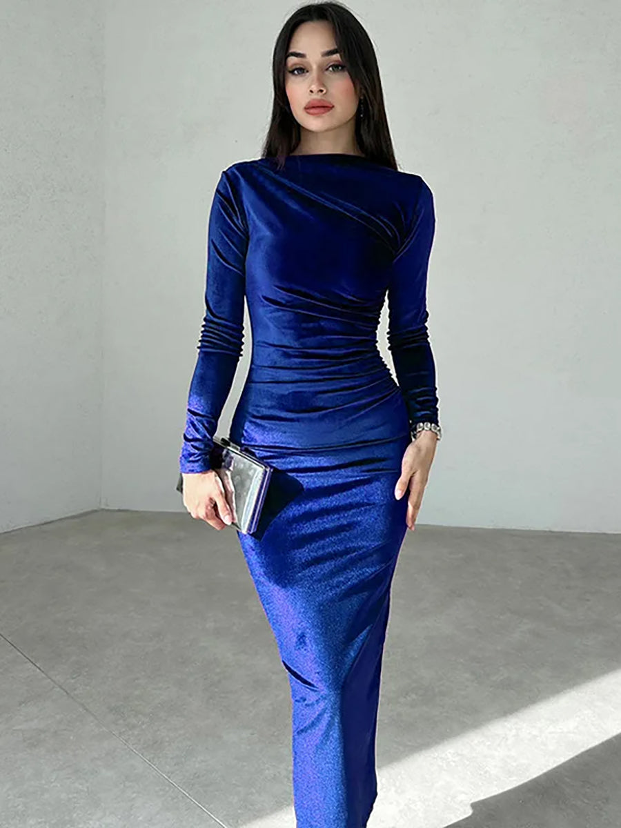 Velvet Long Sleeve O Neck Bodycon Maxi Dress Rown