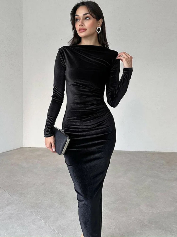 Velvet Long Sleeve O Neck Bodycon Maxi Dress Rown