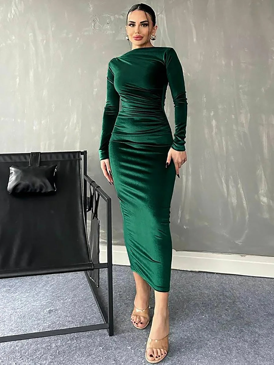 Velvet Long Sleeve O Neck Bodycon Maxi Dress Rown