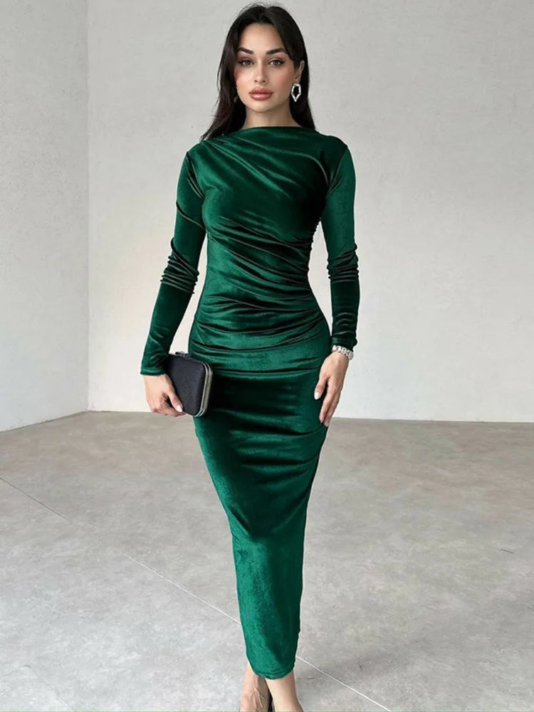 Velvet Long Sleeve O Neck Bodycon Maxi Dress Rown