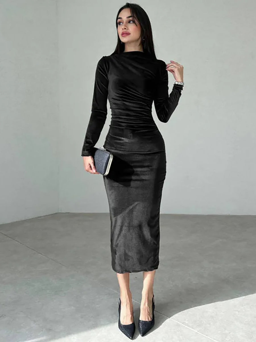 Velvet Long Sleeve O Neck Bodycon Maxi Dress Rown