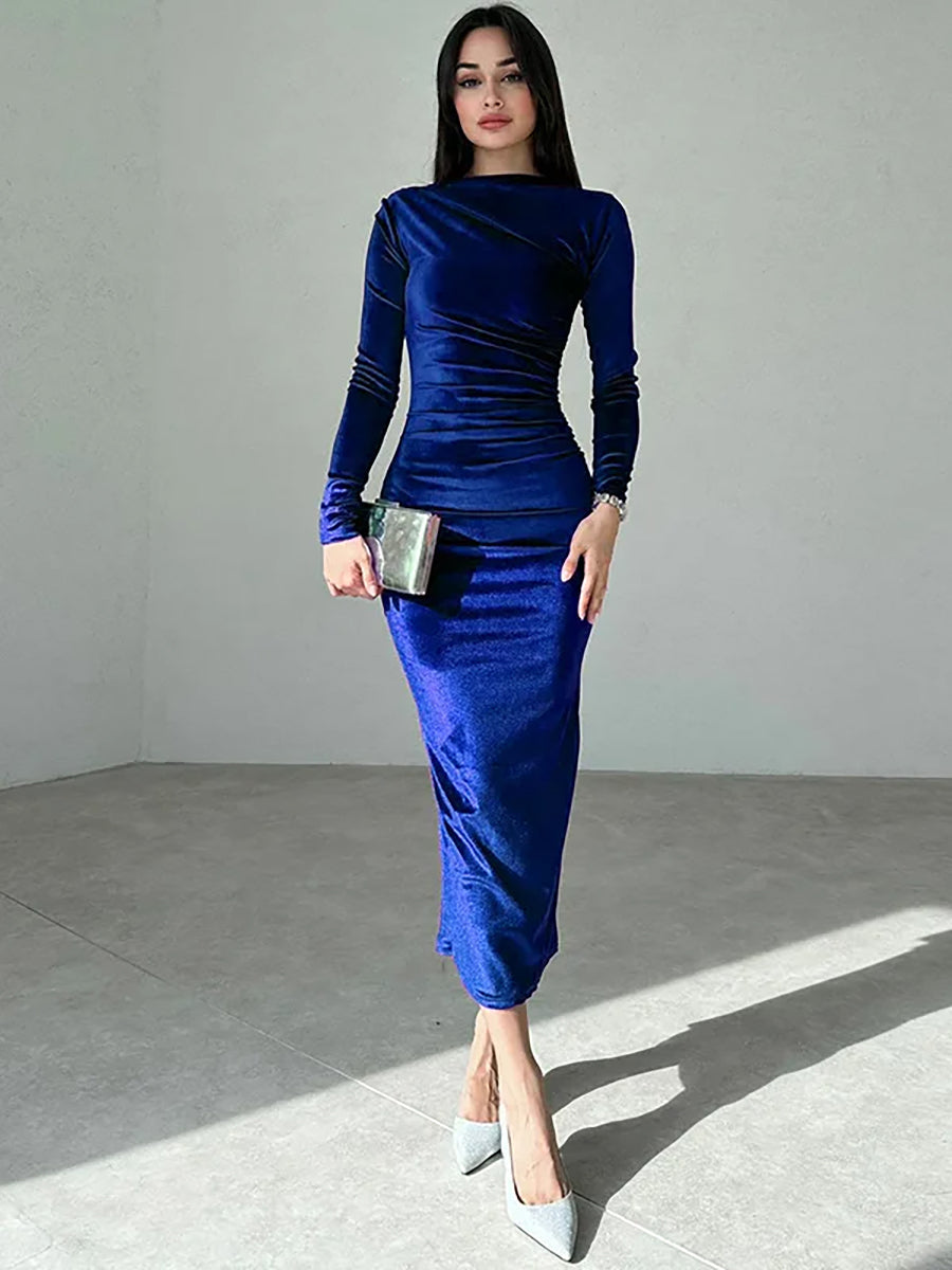 Velvet Long Sleeve O Neck Bodycon Maxi Dress Rown