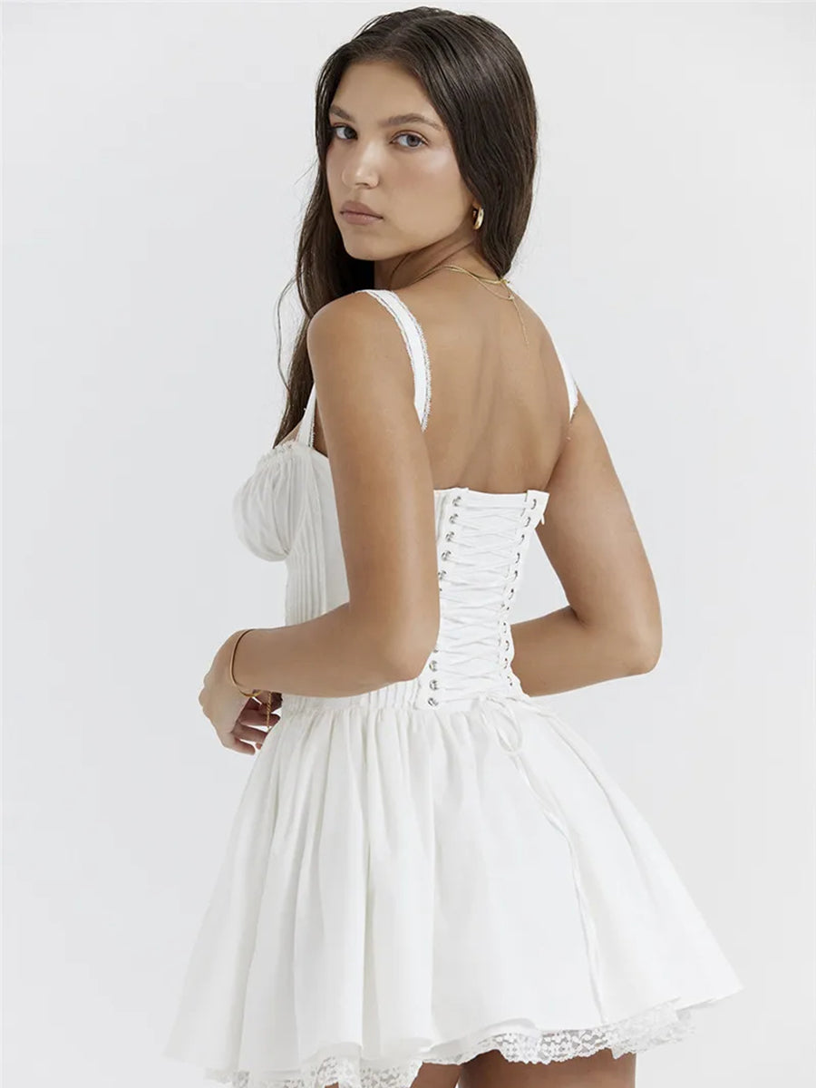 White Lace Backless Spaghetti Strap Robe Mini Dress Rown