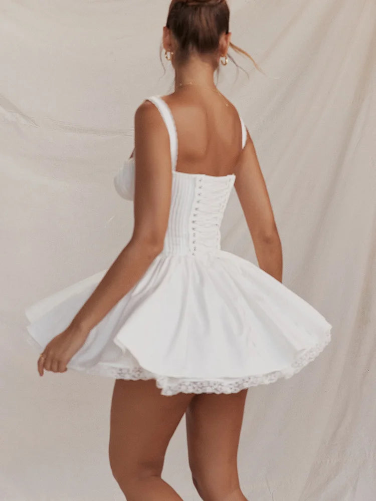 White Lace Backless Spaghetti Strap Robe Mini Dress Rown