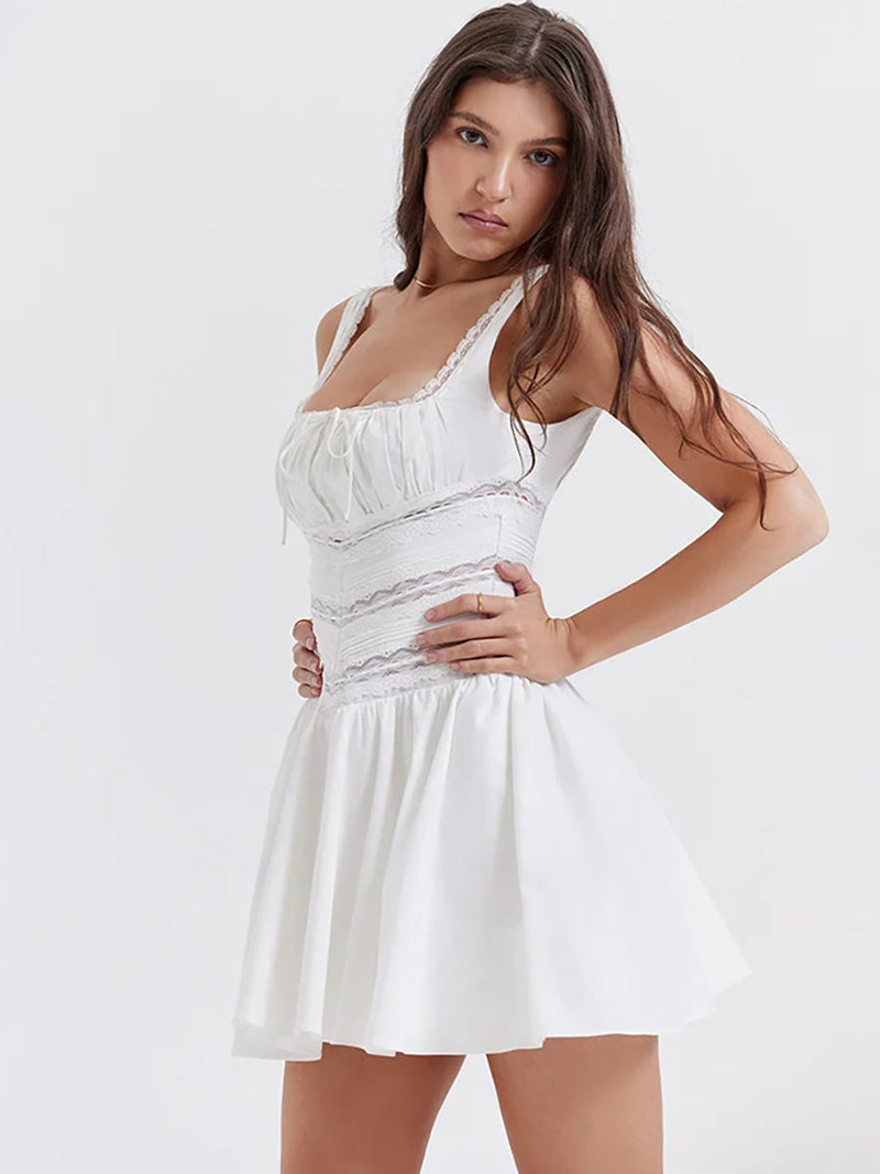 White Lace Sleeveless Zipper Lace-up Mini Dress Rown