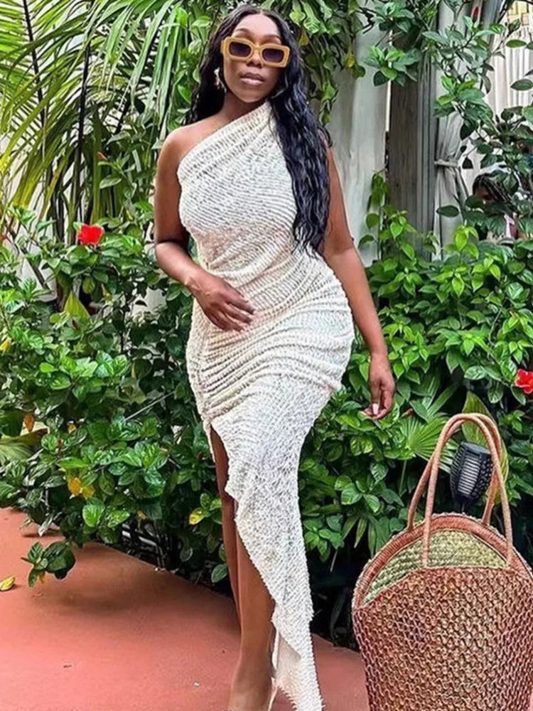 White One Shoulder Irregular Bodycon Maxi Dress Rown