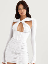 White Hollow Out Full Sleeve Mini Dress - Rown