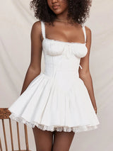 White Lace Backless Spaghetti Strap Robe Mini Dress - Rown