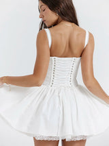 White Lace Backless Spaghetti Strap Robe Mini Dress - Rown