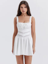 White Lace Sleeveless Zipper Lace-up Mini Dress - Rown