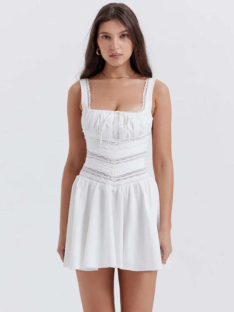 White Lace Sleeveless Zipper Lace-up Mini Dress - Rown