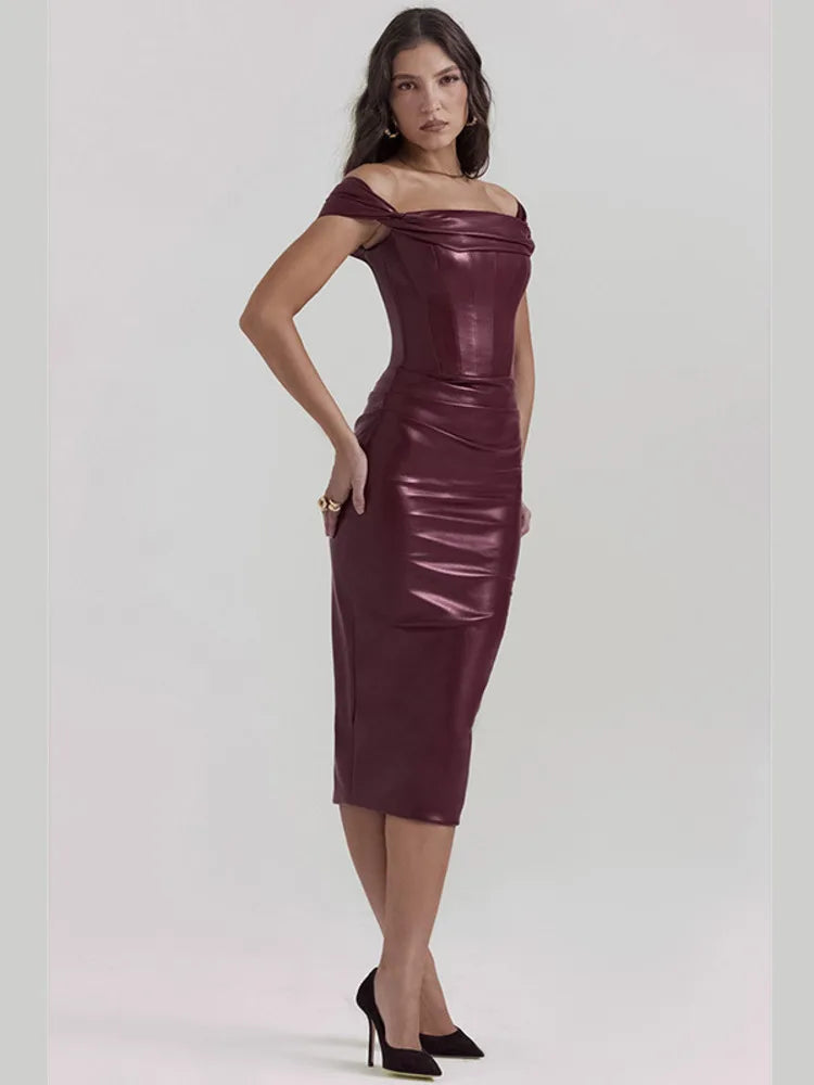 Wine Red Strapless Backless PU Leather Midi Dress Rown