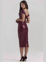Wine Red Strapless Backless PU Leather Midi Dress Rown