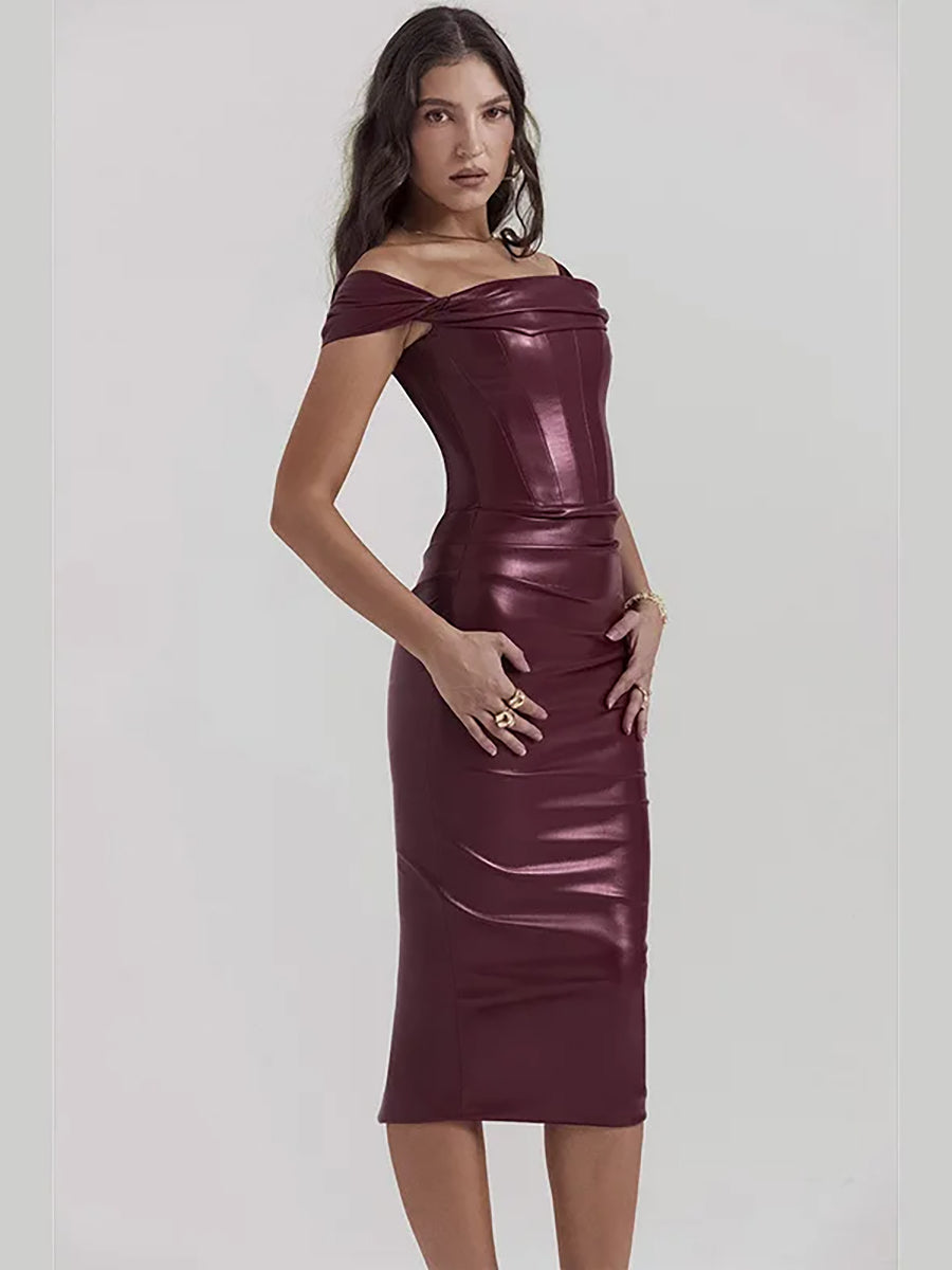 Wine Red Strapless Backless PU Leather Midi Dress Rown