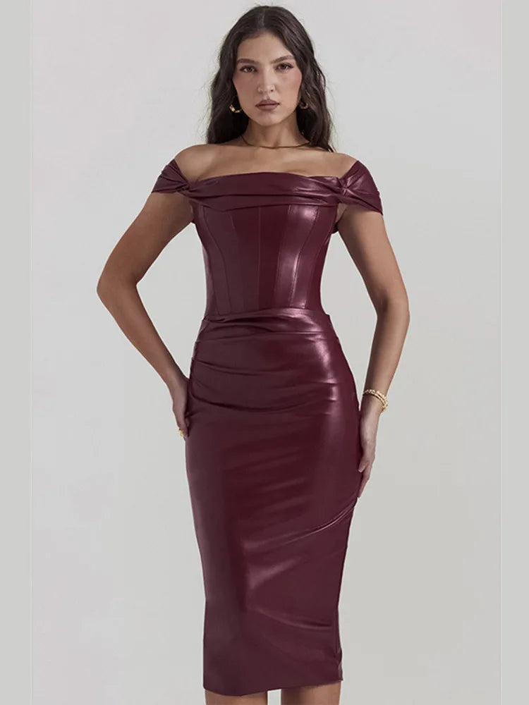 Wine Red Strapless Backless PU Leather Midi Dress - Rown