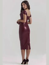 Wine Red Strapless Backless PU Leather Midi Dress - Rown