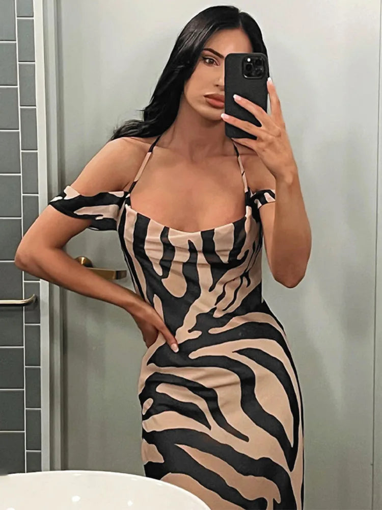 Zebra Print Spaghetti Strap Backless Maxi Dress Rown