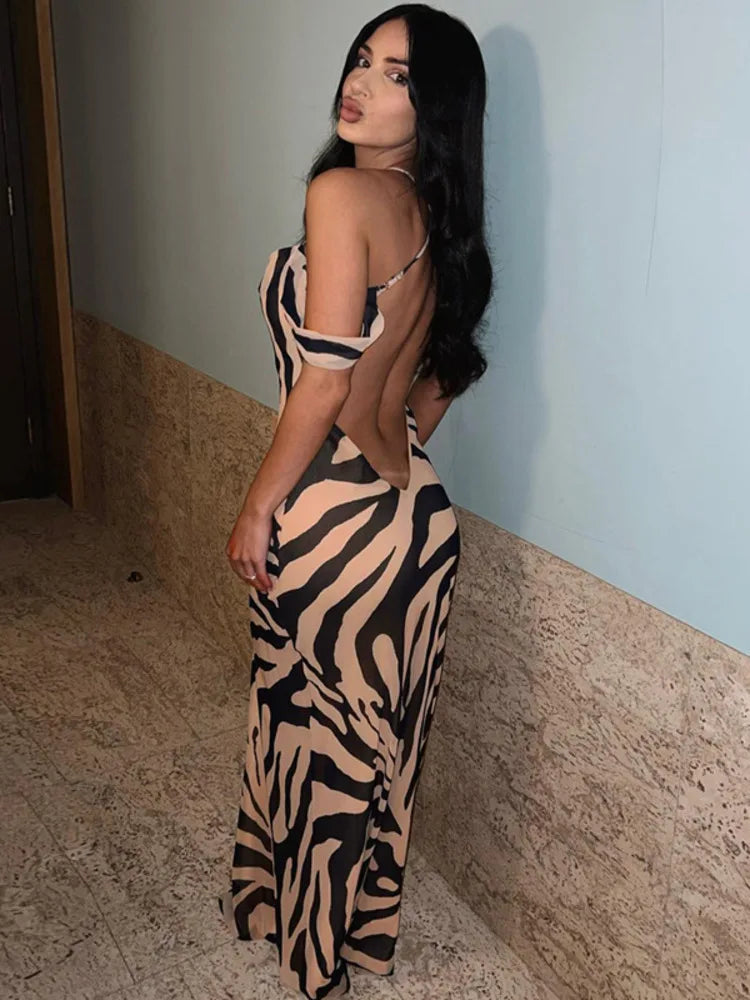 Zebra Print Spaghetti Strap Backless Maxi Dress Rown