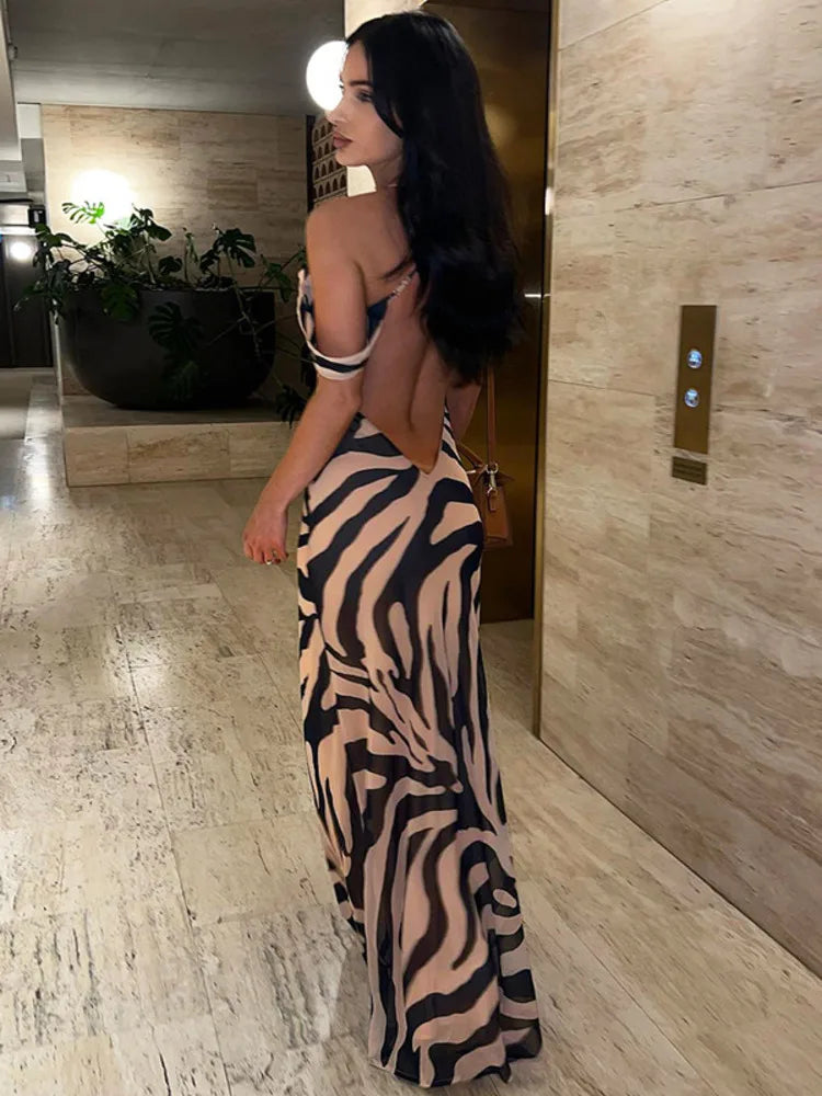 Zebra Print Spaghetti Strap Backless Maxi Dress Rown