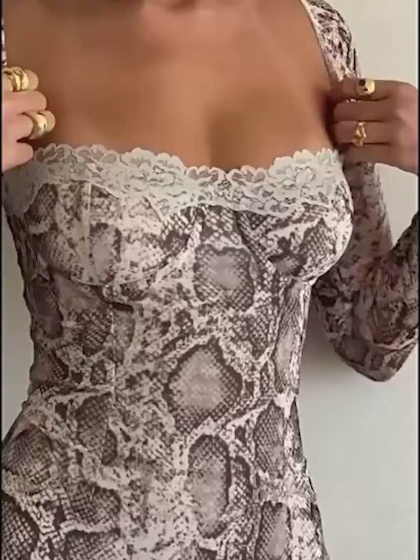 Elegant Lace Patchwork Striped Print Midi Dress