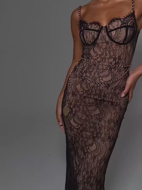Elegant Lace Print Backless Bodycon Maxi Dress
