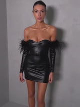 Off-shoulder Feather Sleeve PU Leather Mini Dress