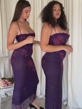 Purple Print Long Fishtail Backless Ruched Maxi Dress