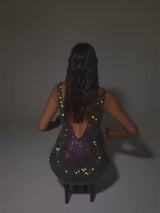 Glitter Diamond V Neck Backless Mini Dress